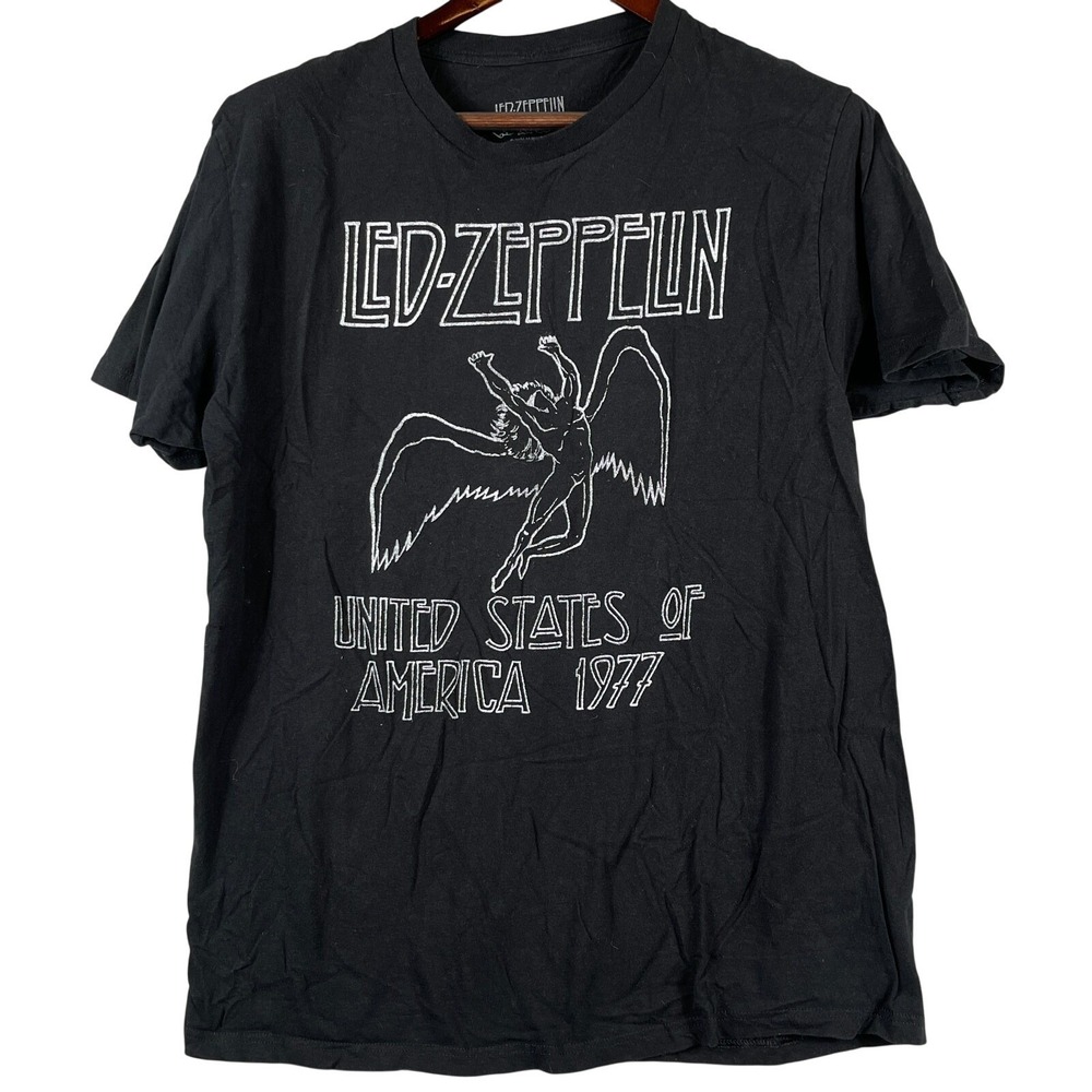Led Zeppelin Mens L 1977 USA Tour Icarus Graphic Band T Shirt Black Rock Tee